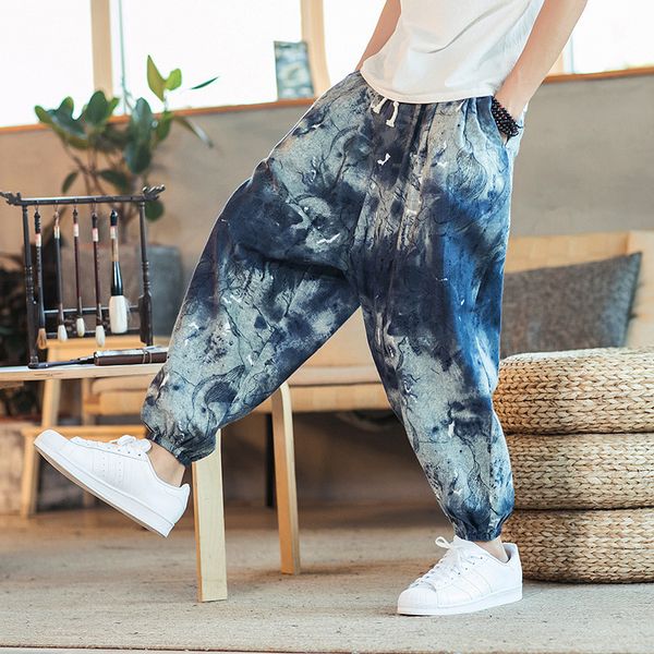 

men's pants men vintage graphic print loose drawstring tieup mid waist mens trousers 2023 spring summer streetwear long pant 230724, Black