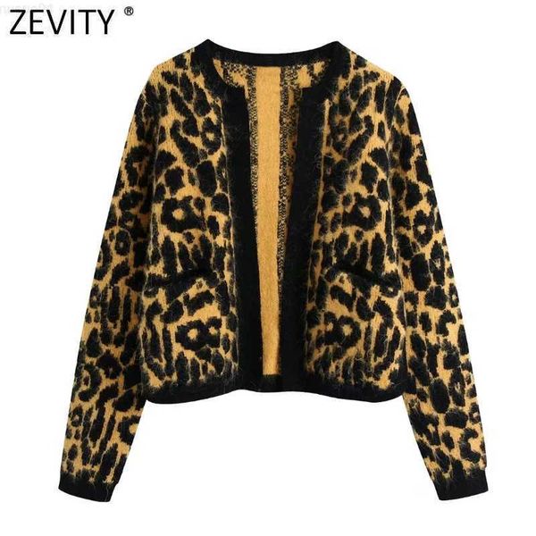 

women's jackets zevity women vintage leopard pattern open stitching knitting cardigans sweater female chic pockets patch short coat sw, Black;brown
