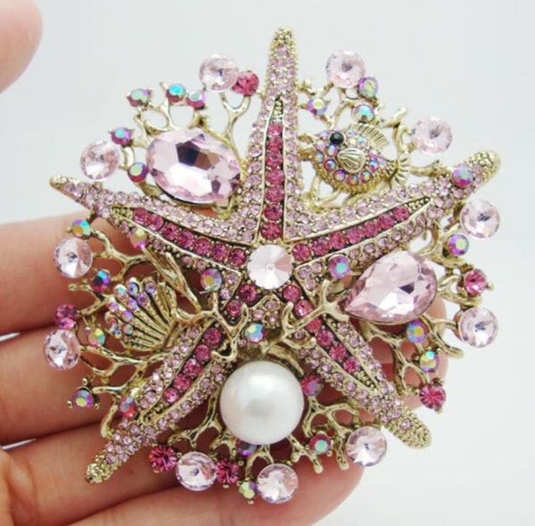 

whole fashionable jewelry sweet pink rhinestone crystal starfish pearl goldplated brooch pin pendant 9371092, Gray
