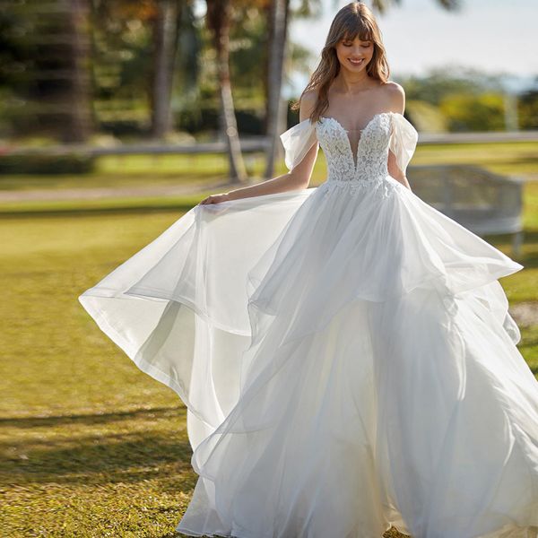

off the shoulder garden a line wedding dresses ruffles tulle skirt bridal gown backless bohemian mariage robe de mariee, White
