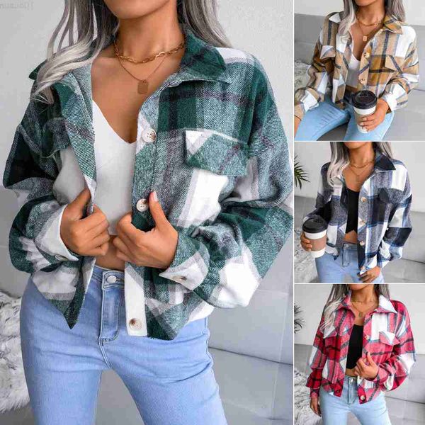 

women's jackets women's autumn and winter leisure fashion lantern sleeve long sleeve warm loose cardigan red khaki plaid jacket dr, Black;brown