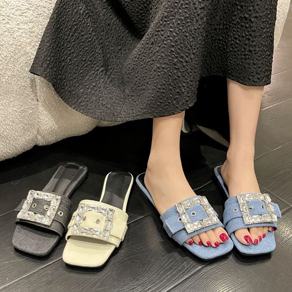 

summer new flat-bottomed slippers square lazy shoes va va voom beach slippers female open-toed sandals and slippers, Black