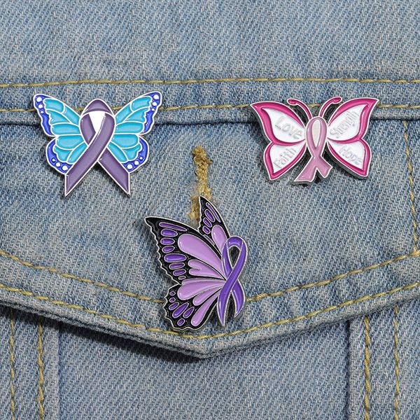 

butterfly ribbon enamel pins custom love faith strength hope brooches lapel badges against violence jewelry gift for friends, Blue