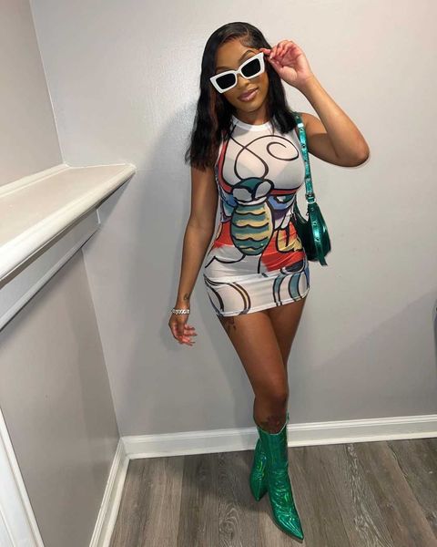 

2023ins summer new perspective tight women's dress funny print, White