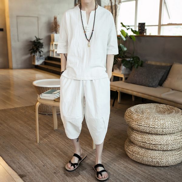 

mens tracksuits summer chinese style threequarter sleeve cotton and linen suit pan button cropped pants solid color men 230724, Gray
