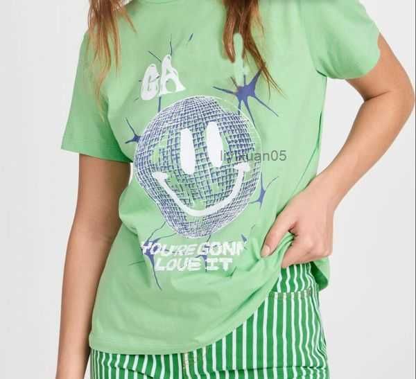 

23ss new ganni women quality t shirt beach tees versatile smiling face print round neck casual loose pullover short sleeve t-shirt clothing, White