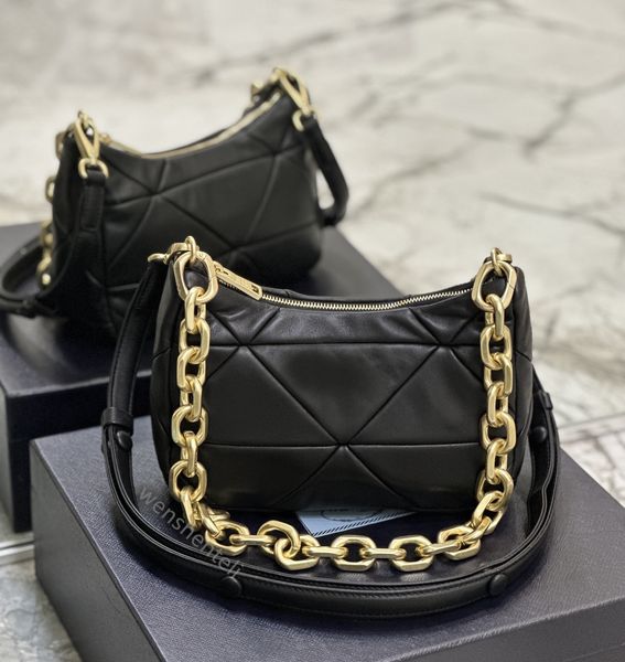 

prad system shoulder bag: a classic versatile saffiano leather bag with a chain handle and a luxurious triangle logo patchwork motif stylish