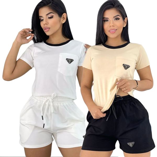 

women workout suit lounge pants set women jogging wear designer short sleeves and shorts, White