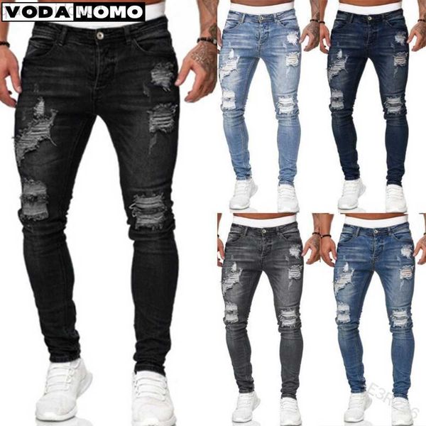 

men's jeans brand new men's stretch skinny ripped jeans sweatpants destroyed holes slim denim pants summer autumn casual outwears, Blue