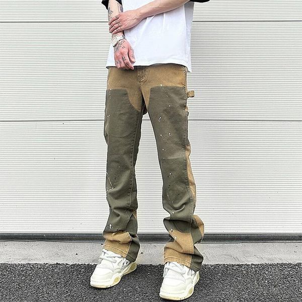 

men s jeans high street spliced speckled ink micro flare pants for men cleanfit casual washed baggy straight denim trousers y2k 230724, Blue