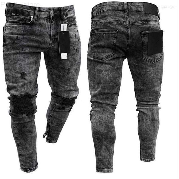 

men's jeans mens distressed stretch ripped biker men hip hop slim fit holes punk zipper pure color denim pants l230724, Blue