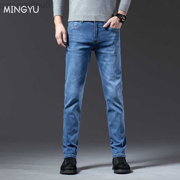 

men's jeans spring autumn men's jeans cotton slim fit elastic brand business pants blue classic style denim male trousers plus siz