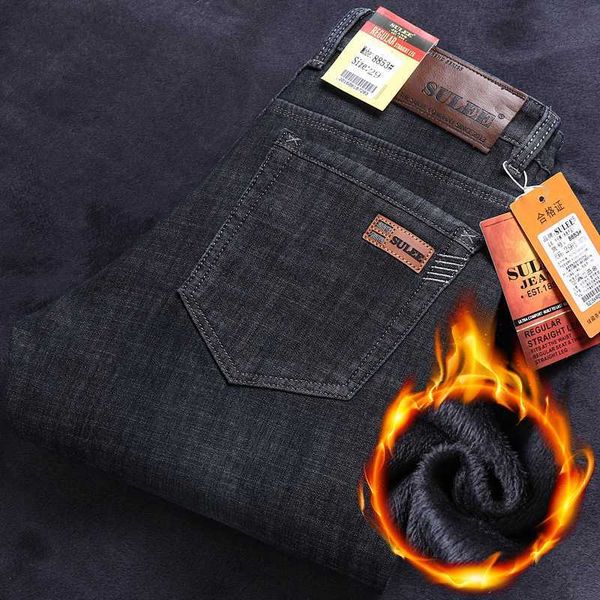 

men's mens jeans sulee brand winter warm slim fit business fashion thicken denim trousers fleece stretch pants black blue 221123 l23072