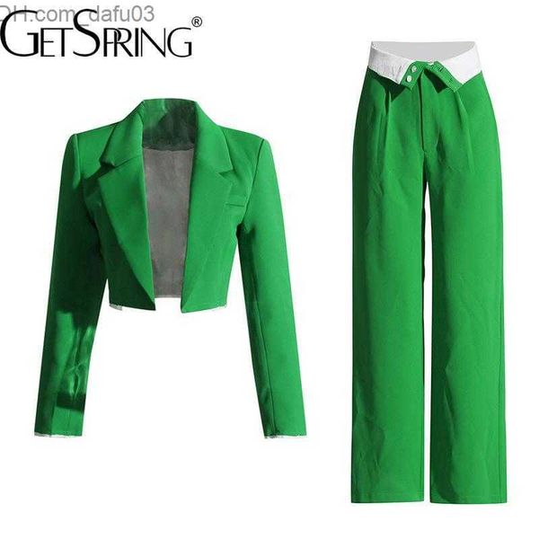 

women's two piece pants getspring women's pants set 2023 autumn elegant fashion short jacket high waist long straight pants two pi, White