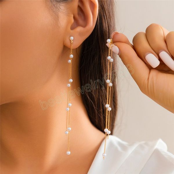 

classic elegant long tassel imitation pearl drop earrings for women bride piercing hanging earrings jewelry wed accessories, Silver