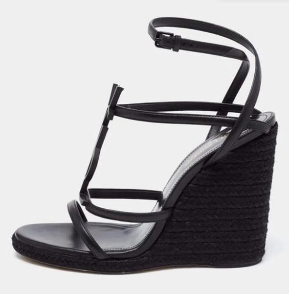 

designer women sandals cassandra wedge heeled espadrilles black leather platform high heels with adjustable buckle wedding dress lady shoes