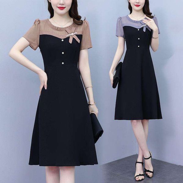 

summer mom dress fashionably matched chiffon middle aged womens, Black;gray