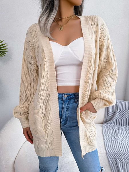 

2023 autumn winter knitted women cardigan long sleeve pockets sweater outerwear, White;black