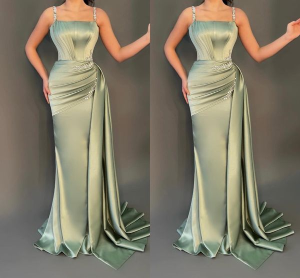 

elegant mint sheath evening dresses for women spaghetti straps satin sweep train beaded crystals formal occasions birthday celebrity pageant, Black;red