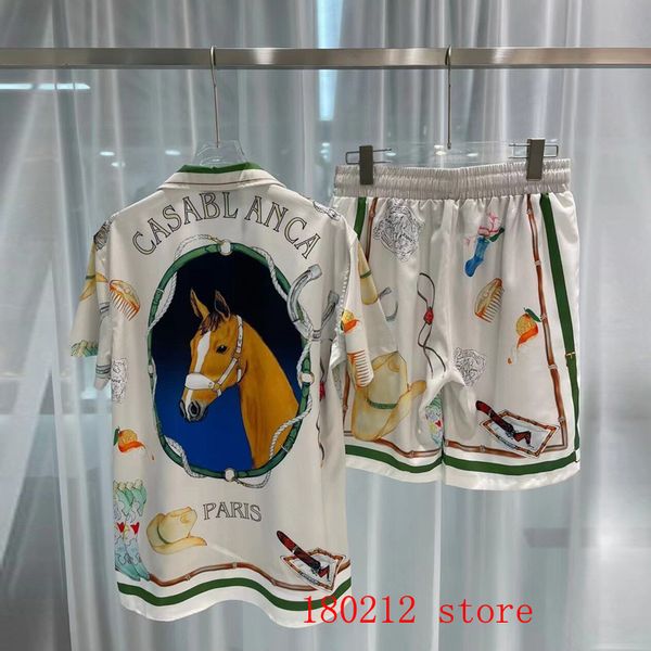 

men's tracksuits brown horsehead print casablanca thin silk mesh shortpant shirt short set men women hawaiian beach tennis club seaside, Gray