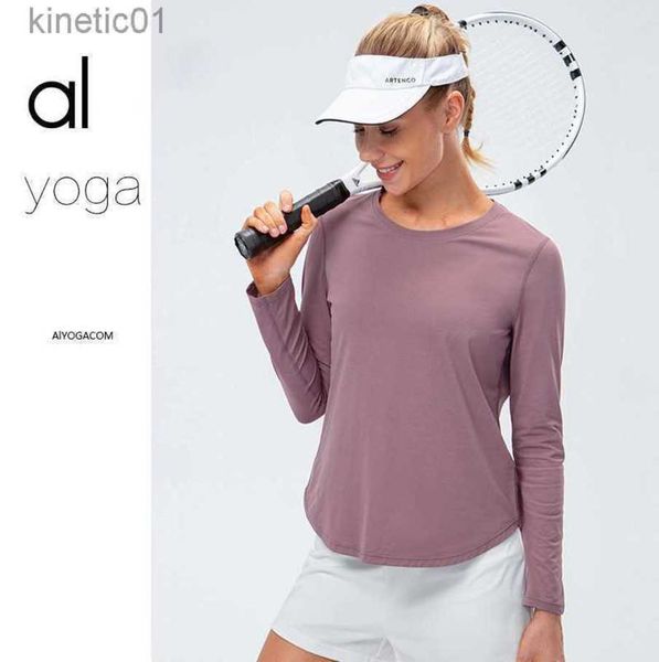 

2023 desginer alo yoga t shirt women's autumn and winter nylon double-sided nude long-sleeved large size quick-drying loose running fit, White