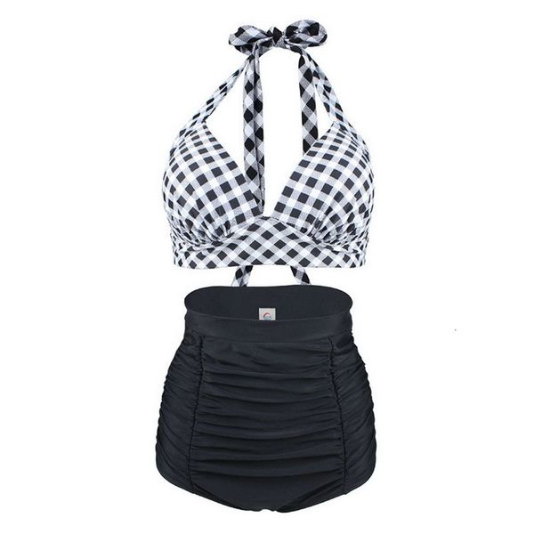

women's swimwear plus size women halter bikini set high waist push up swimsuit plaid vintage beach bathing suit swim wear retro xxl xxx, White;black