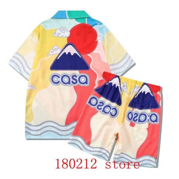 

men's tracksuits thin fabric colorful casablanca red sun mountain sea scenery pattern short set men women hawaii beach shortpant shirts, Gray