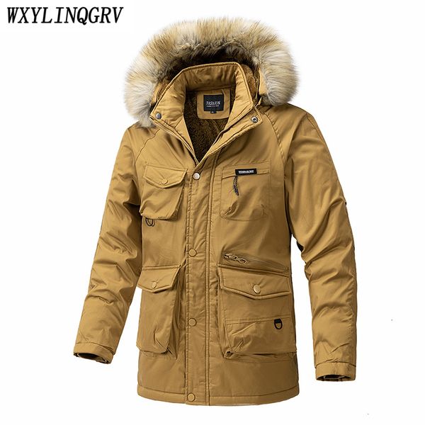 

men s jackets 2023 autumn winter men windproof plush hooded cargo parkas warm multiple pockets detachable hat 230724, Black;brown
