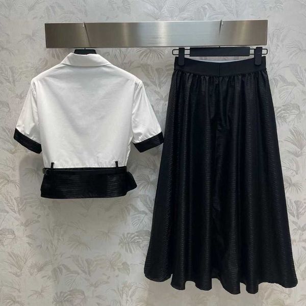 

summer ladies white high-waist shirt short sleeve plus black loose high-waist long skirt set skirt, short shirt short-sleeve plus belt slim,