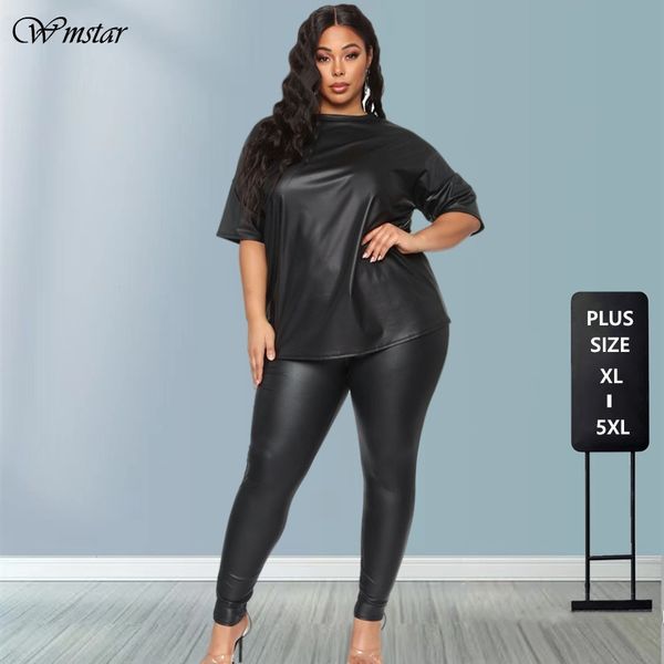 

women's plus size tracksuits pu two piece women pants sets fashion streetwear half sleeve black tshirt elastic waist wholesale drop 230