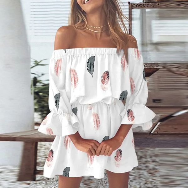 

basic casual dresses boho for women 2023 summer off shoulder floral print flare sleeve tunic dres mini sundress vestido 230724, Black;gray