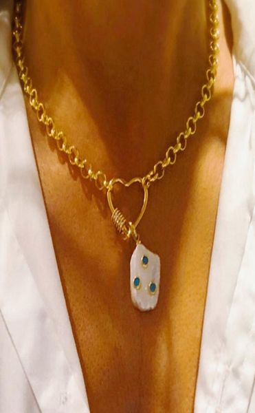 

women fashion punk chain necklace heartshaped spiral buckle decoration men short necklace unique natural pearl pendant jewelry 201595369, Silver