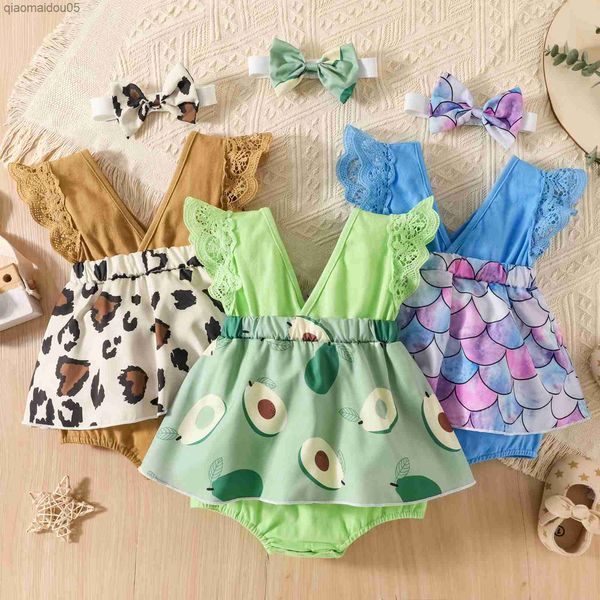 

infant baby girl flying sleeve romper + bow headband avocado / leopard / fish scale print elastic waist summer clothing l230712, Blue
