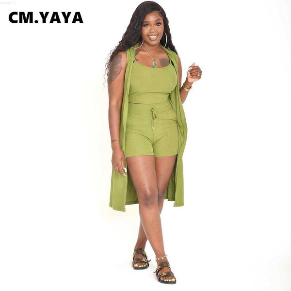 

women's jackets cm.yaya 2022 knit ribbed women set +short +coat matching three 3 piece set outfits sleeveless shorts set sport tracksui, Black;brown