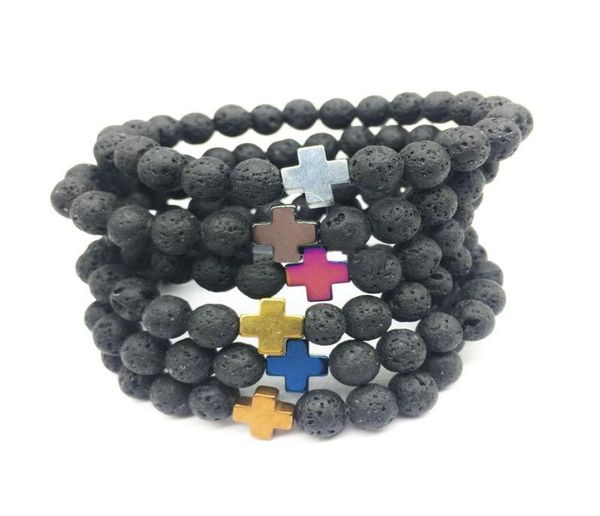 

men039s hematite cross 8mm black lava stone bracelet diy aromatherapy essential oil diffuser bracelet women men jewelry1982705