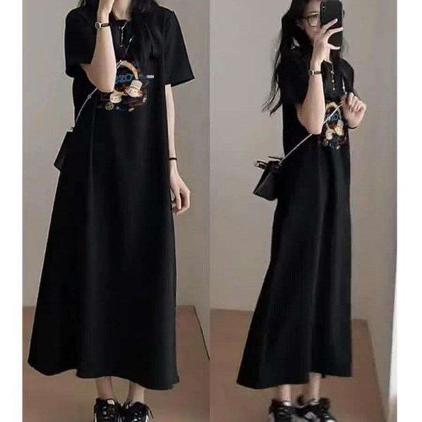 

womens summer cartoon print korean casual t shirt skirt loose large short sleeved long fashionable age reducing, Black;gray