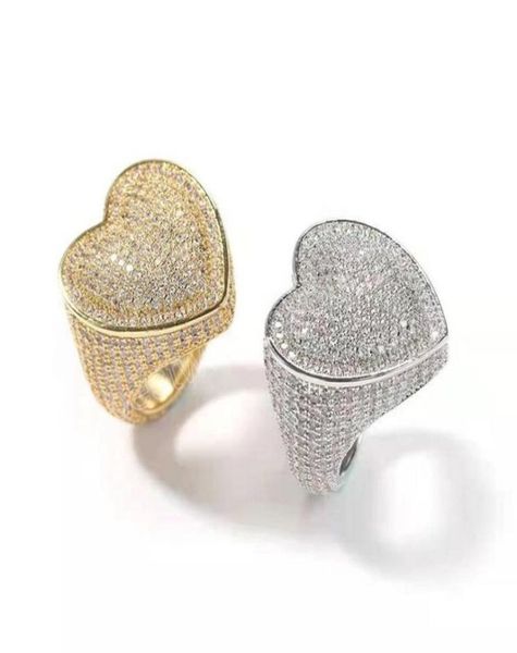 

iced out heart ring for men luxury designer mens bling diamond heart rings 18k gold plated copper zircon hip hop shining diamonds 3149370, Silver