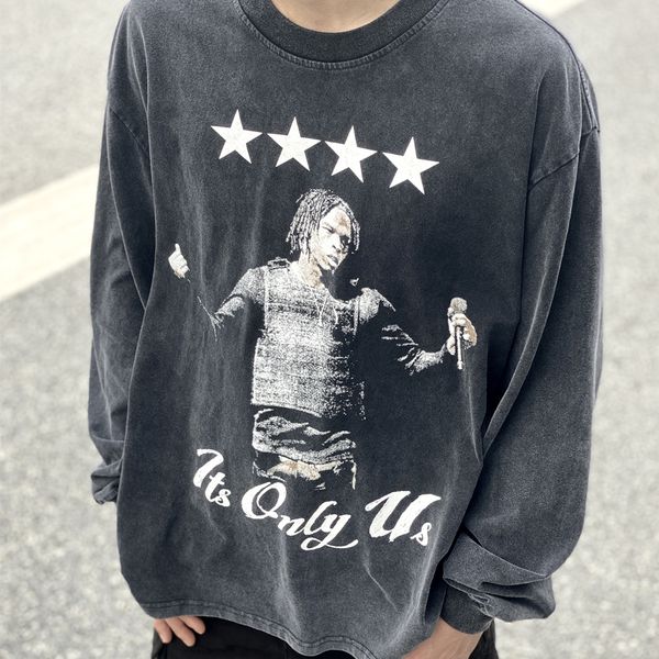 

1 quality streetwear fashion vintage wash loose oversized long sleeve tee t-shirt for men unisex, Black;brown