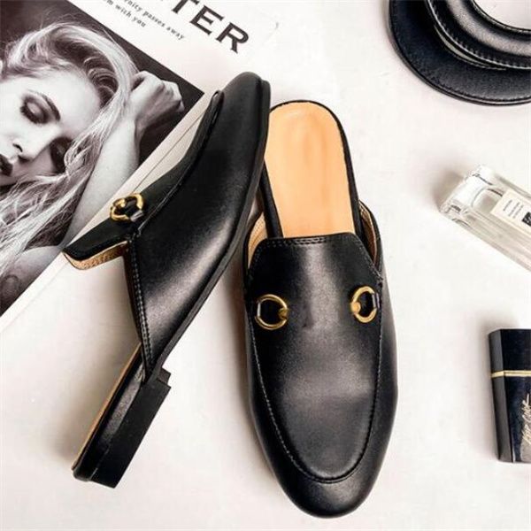 

women slipper designer loafers genuine leather sandals ggity half dag metal chain slides ladies casual mules flat shoes, Black