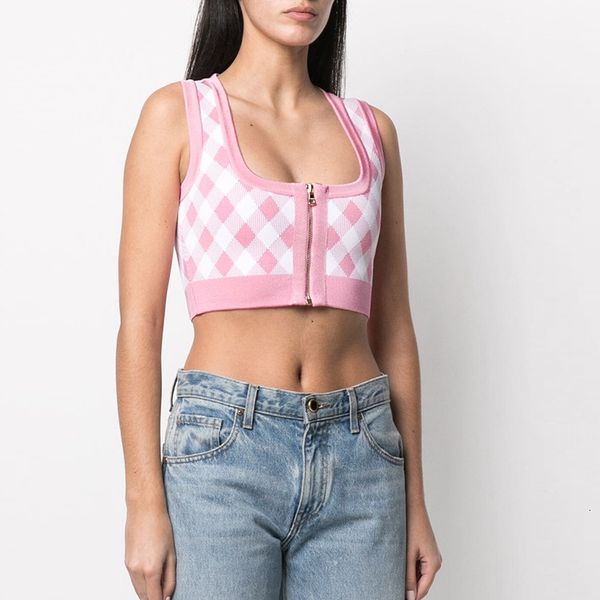 

women's tanks camis est fashion runway ss designer women's zip plaid knitted crop tank 230721, White