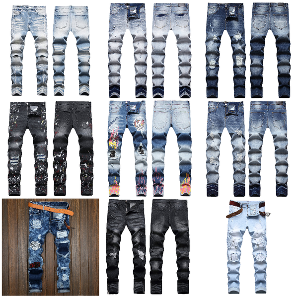 

men's jeans european jean hombre letter star men embroidery patchwork ripped for trend brand motorcycle pant mens skinny 2023 fashion s, Blue