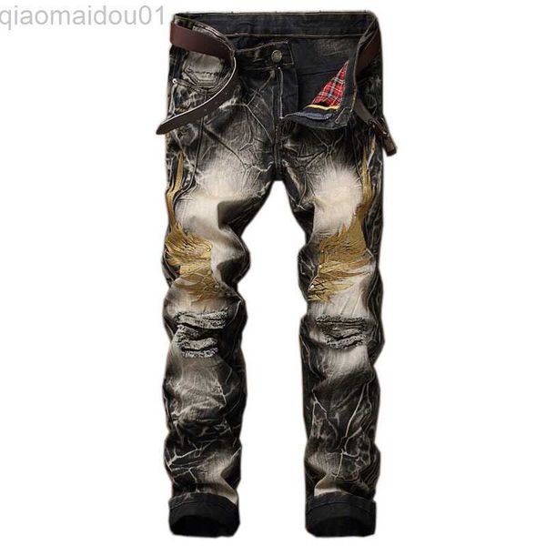 

men's jeans new cotton streetwear jeans men european and american personality embroidery wings hole denim trousers retro l230724, Blue