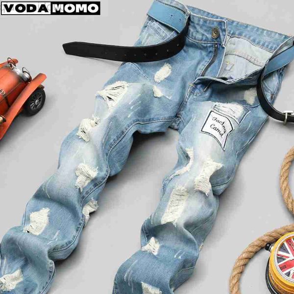 

men's jeans men jeans denim straight worn out european and american classic long new brand fashion brand pants pantnes hombre streetwea, Blue
