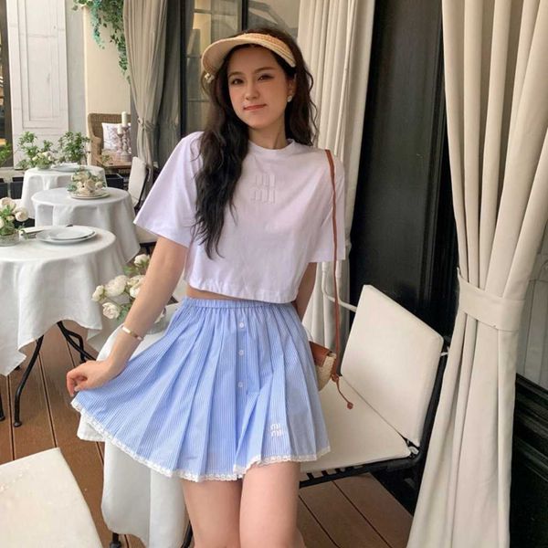 

summer ladies white round neck short sleeve plus blue striped lace loose skirt suit skirt, high waist short sleeve plus striped skirt simple