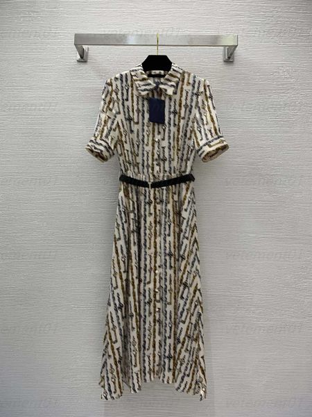 

designer shirt style dress summer luxury long dresses classic printed chain key ring buckle pattern buckle placket lapel short sleeve dresse, Black;gray