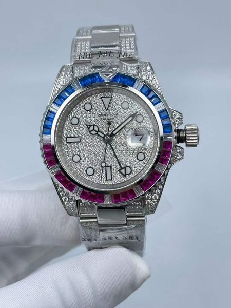 

classic designer 40mm mens watch automatic mechanical red blue diamond iced out stainless steel strap waterproof men wristwatches sports wri, Slivery;brown