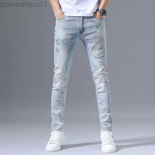 

men's jeans fashion 2022 stretch denim jeans men's spring autumn ripped retro drill embroidery slim small feet blue versatile long