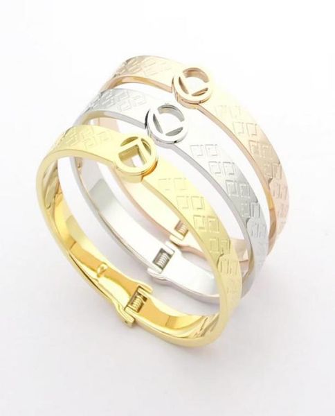 

europe america fashion brand jewelry lady women stainless steel hollow out engraved letter f 18k gold bangle bracelet6574988, Black