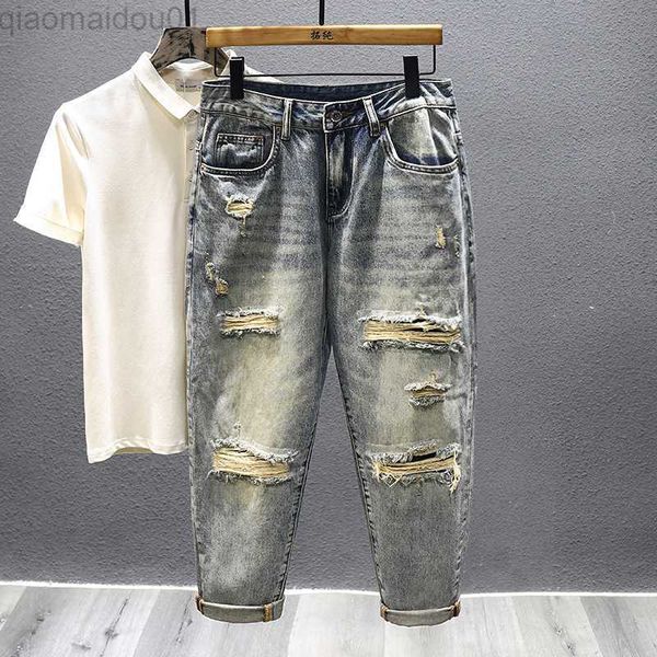 

men's jeans vintage yellow mud jeans men's new loose casual fashion ripped pants male dilapidated hip-hop streetwear denim trouser, Blue