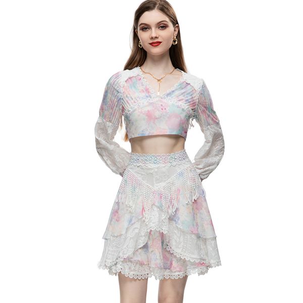 

women's runway designer two piece dress v neck long sleeves printed short blouse with tassels ruffles skirts sets, White